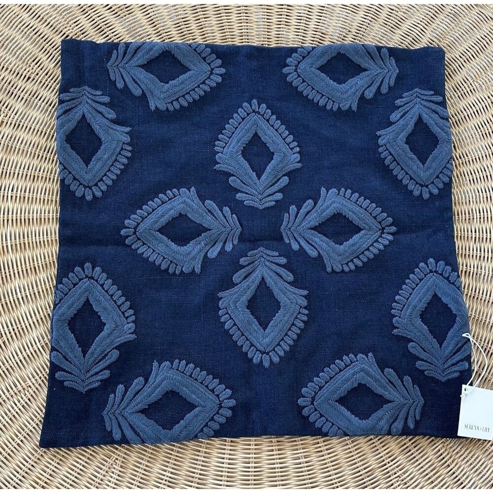NEW Serena & Lily Leighton Embroidered Pillow Cover (24” SQ)-Midnight Blue